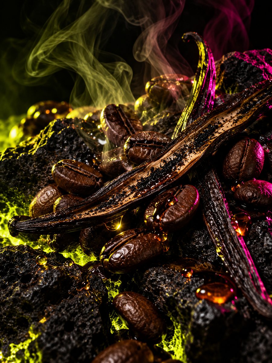 Coffee beans and vanilla pods with smoke