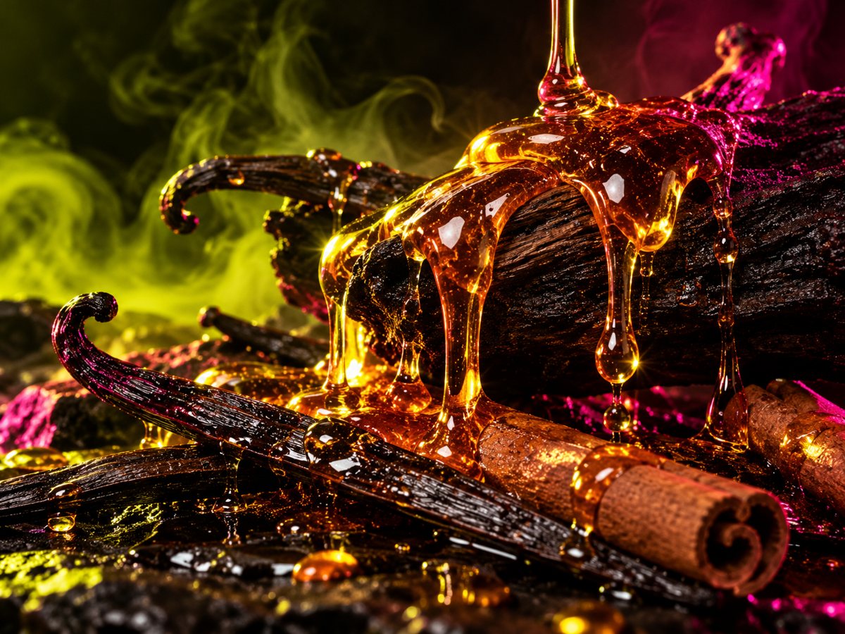 Amber honey dripping over vanilla and cinnamon