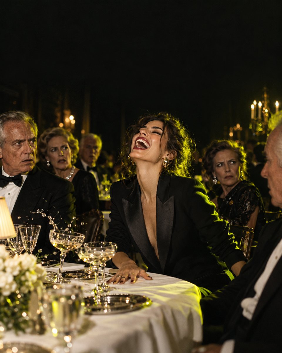 Woman laughing loudly at a black-tie dinner